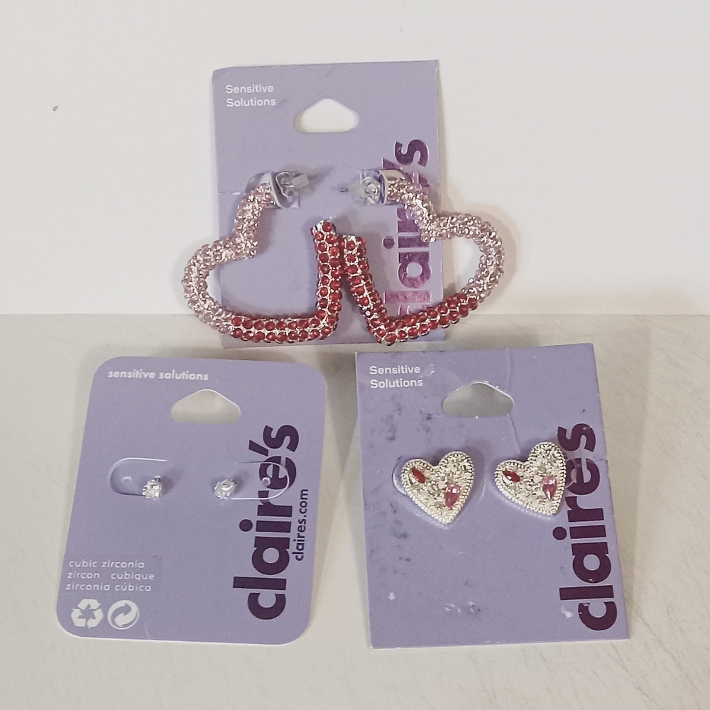 Lot Of 3 Claires Pierced Earrings Sensitive Solutions Silvertone Hearts & Studs